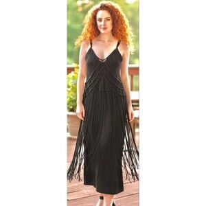 RALPH LAUREN Denim & Supply Boho Black Cotton Fringe Macrame Maxi Tank Dress L